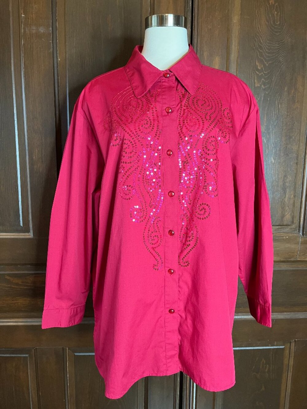 Bob Mackie Wearable Art Sequin Embellished Button Up Shirt Vibrant Red Holiday2X